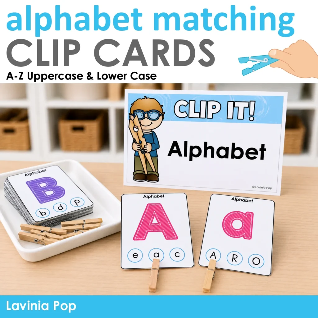 Alphabet matching clip cards classroom setup with uppercase and lowercase A cards and wooden clothespins.