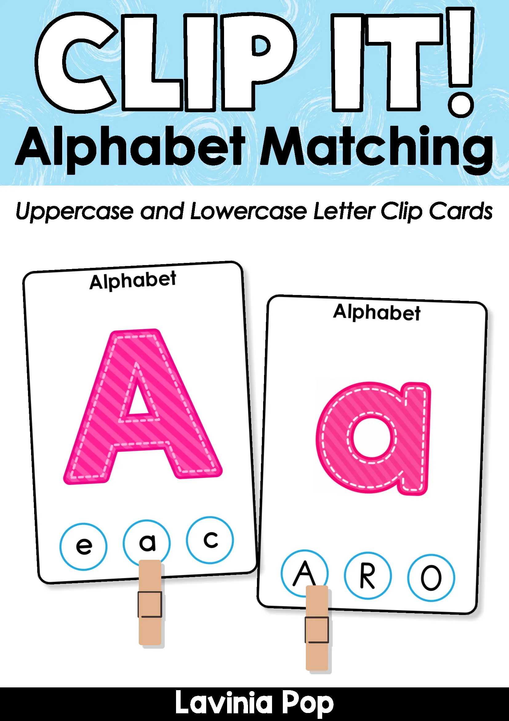 Free alphabet matching clip cards cover with uppercase A and lowercase a cards for preschool and kindergarten.