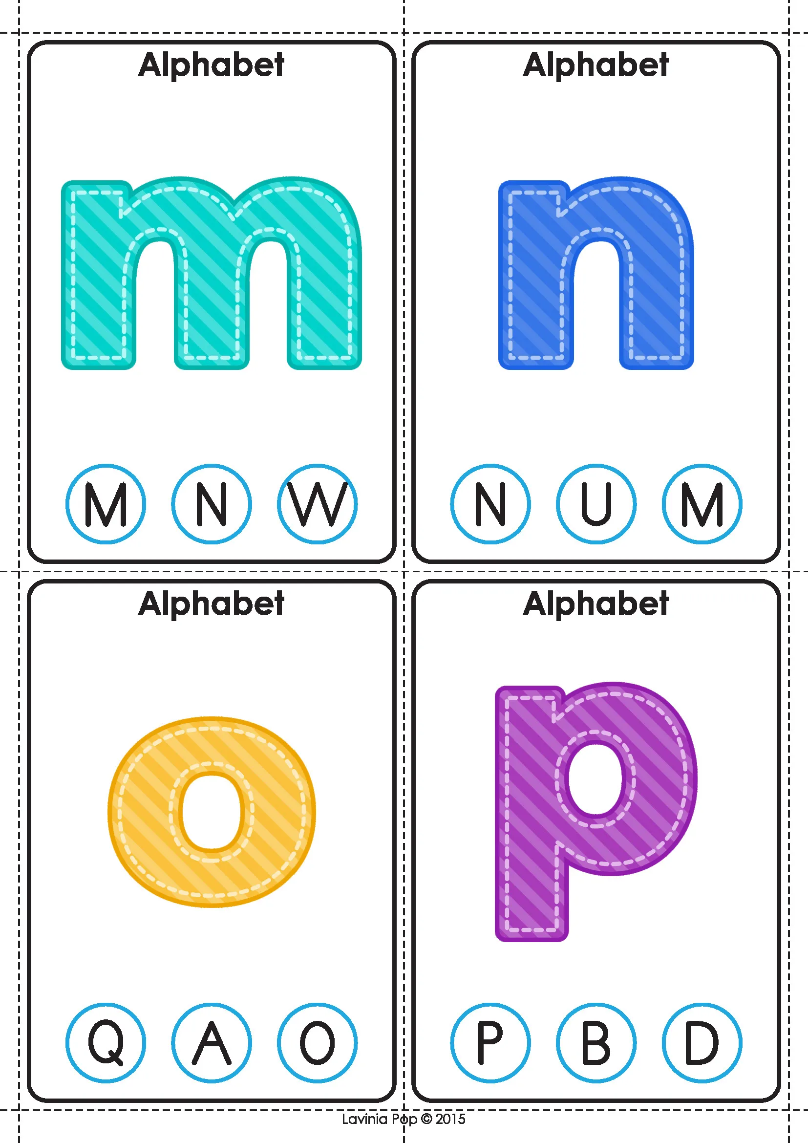 Lowercase m, n, o and p alphabet matching clip cards with uppercase letter choices.