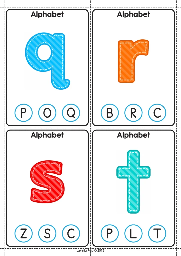 Lowercase q, r, s and t alphabet matching clip cards for preschool and kindergarten.
