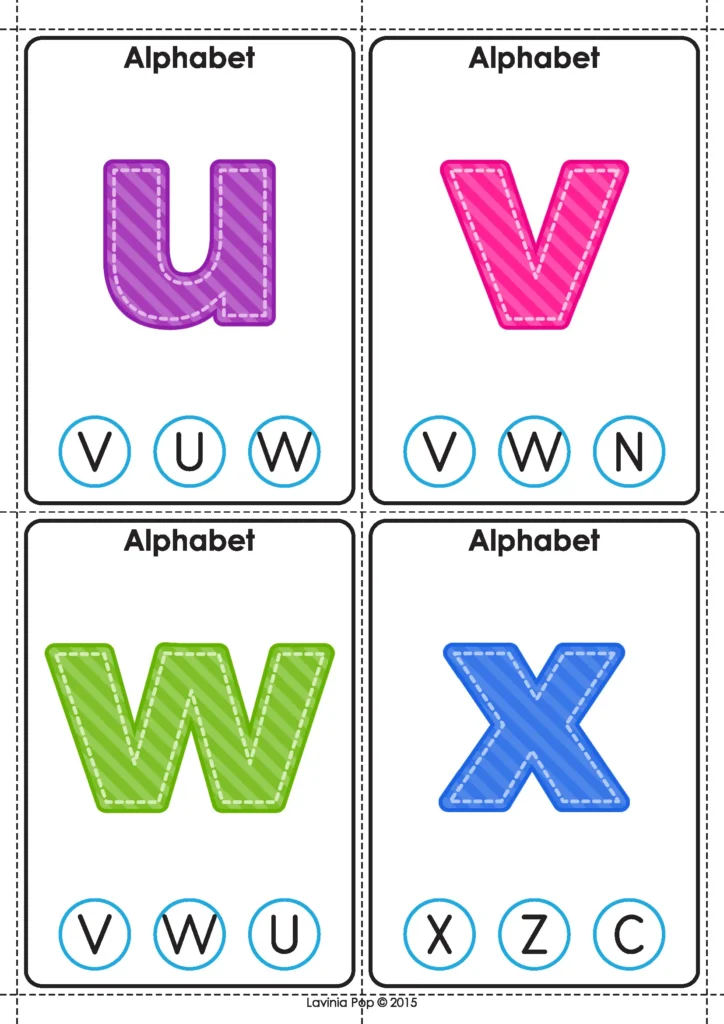 Matching Clip Cards Lowercase u, v, w and x alphabet matching clip cards with uppercase answer choices.