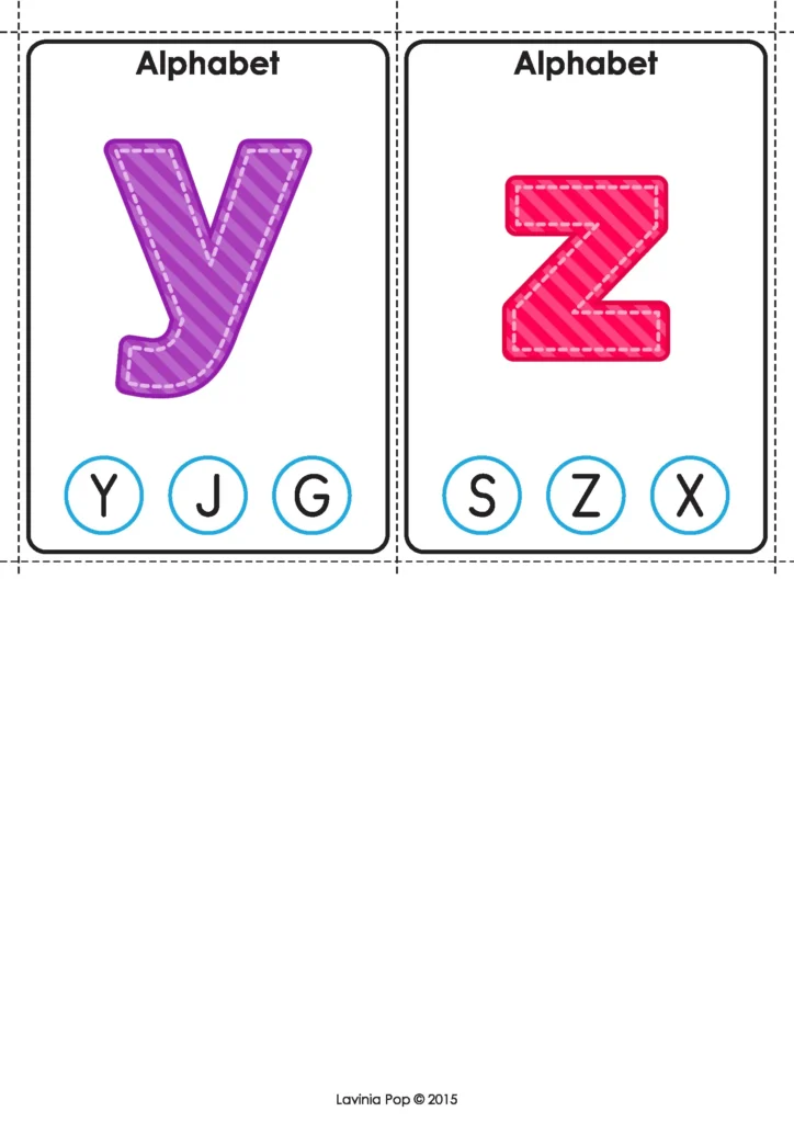 Lowercase y and z alphabet matching clip cards for uppercase and lowercase letter practice.