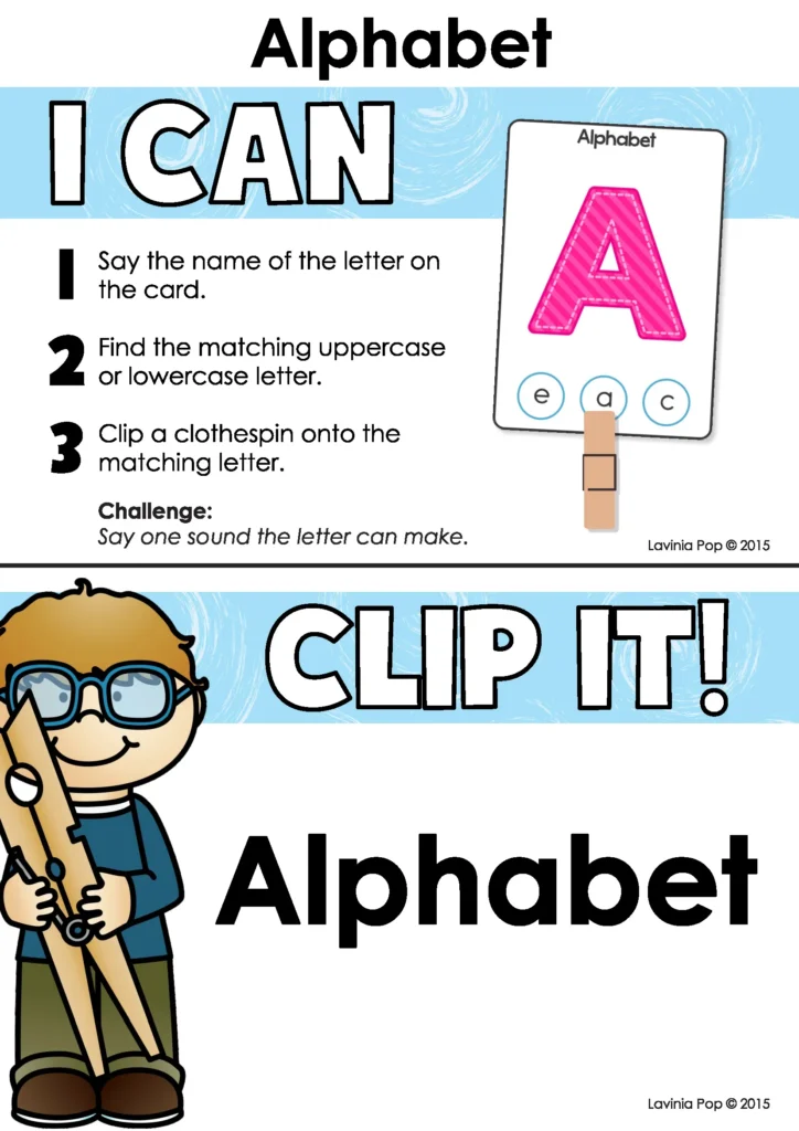 Alphabet matching clip cards directions for naming letters, finding uppercase or lowercase matches and clipping the correct answer.