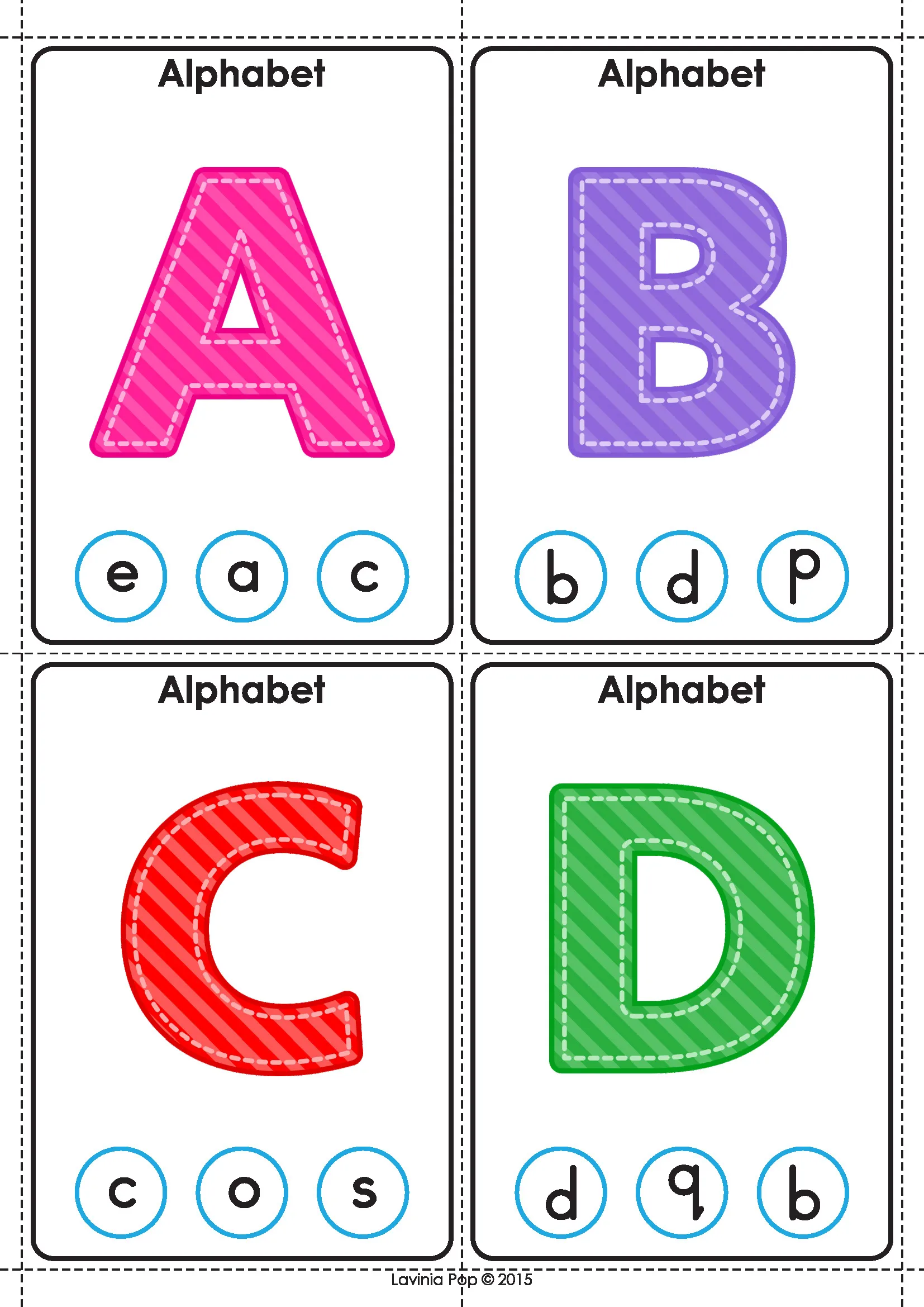Uppercase A, B, C and D alphabet matching clip cards with lowercase letter choices.
