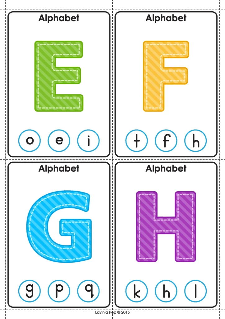 Matching Clip Cards Uppercase E, F, G and H alphabet matching clip cards with lowercase letter choices.