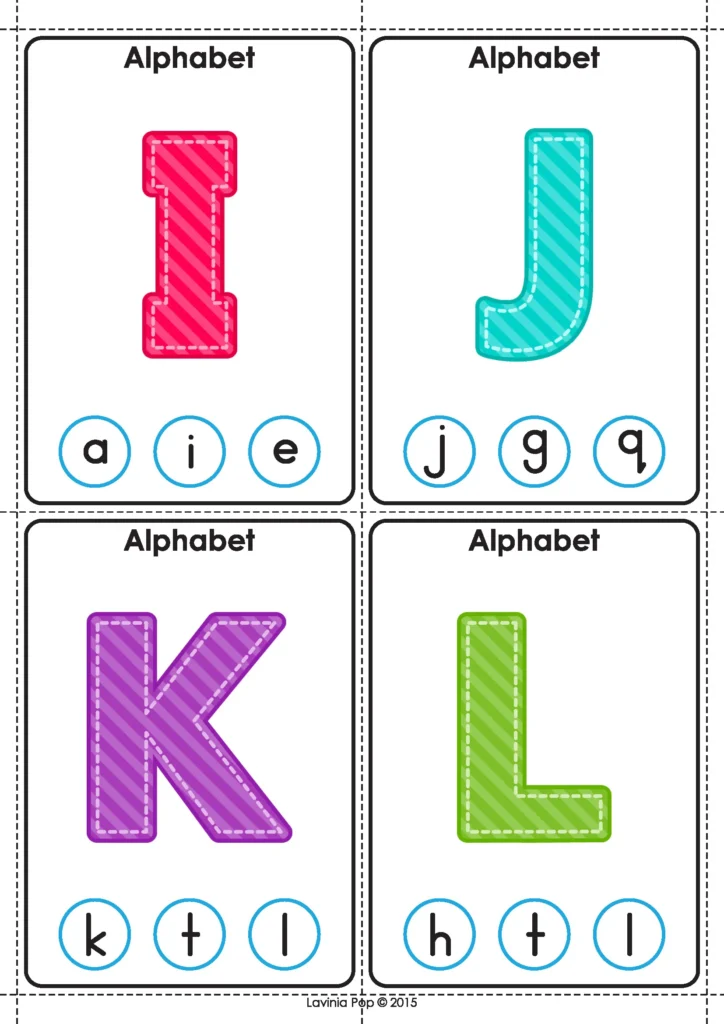 Uppercase I, J, K and L alphabet matching clip cards for preschool letter recognition.