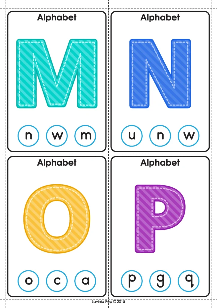 Uppercase M, N, O and P alphabet matching clip cards with lowercase answer choices.