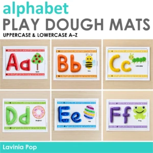 Alphabet Play Dough Mats preview showing uppercase and lowercase letters A–F with apple, bee, caterpillar, doughnut, egg and frog activities.
