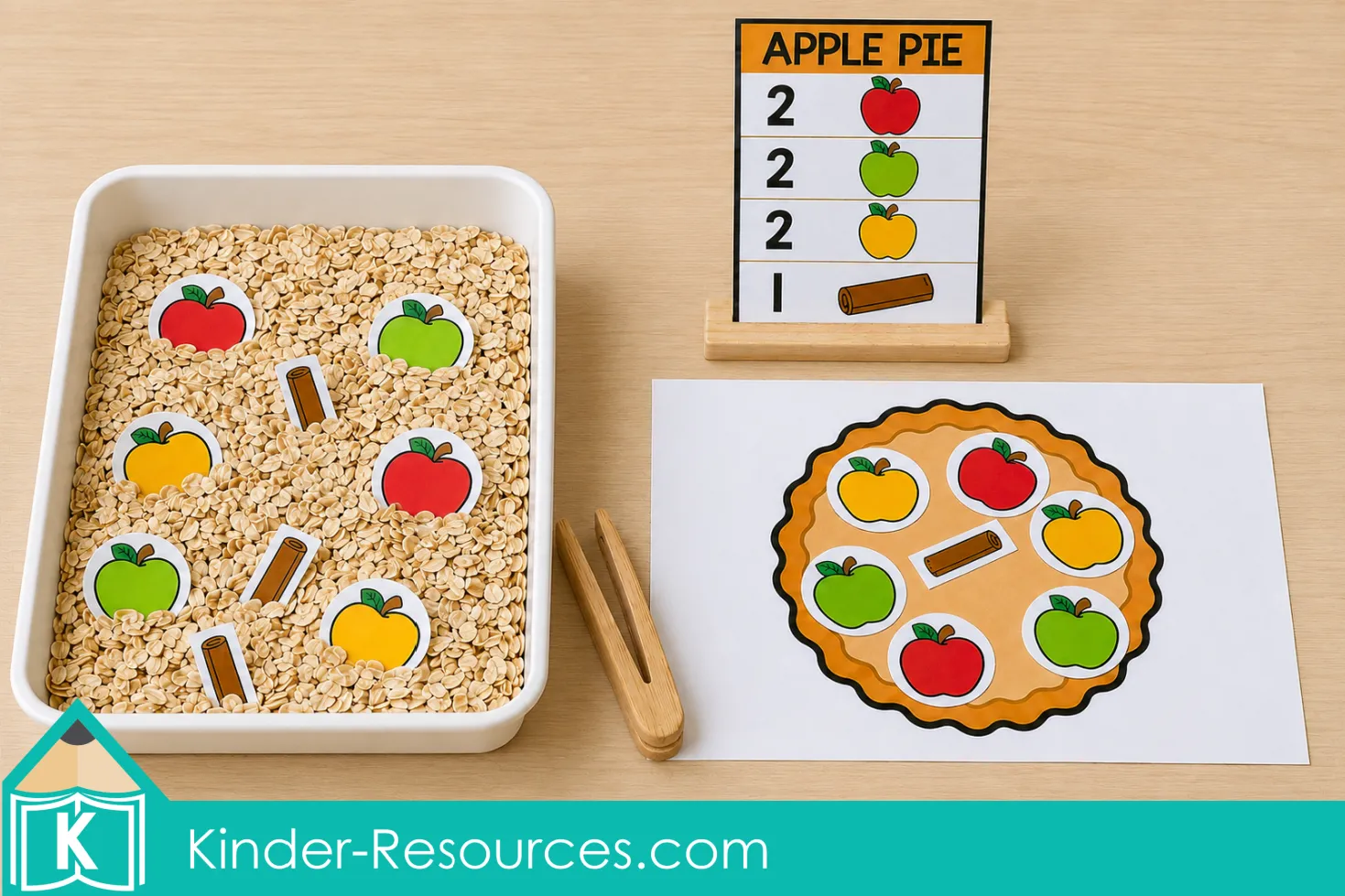 Counting red, green, and yellow apples and cinnamon sticks to follow a printable apple pie recipe card in a preschool sensory bin.