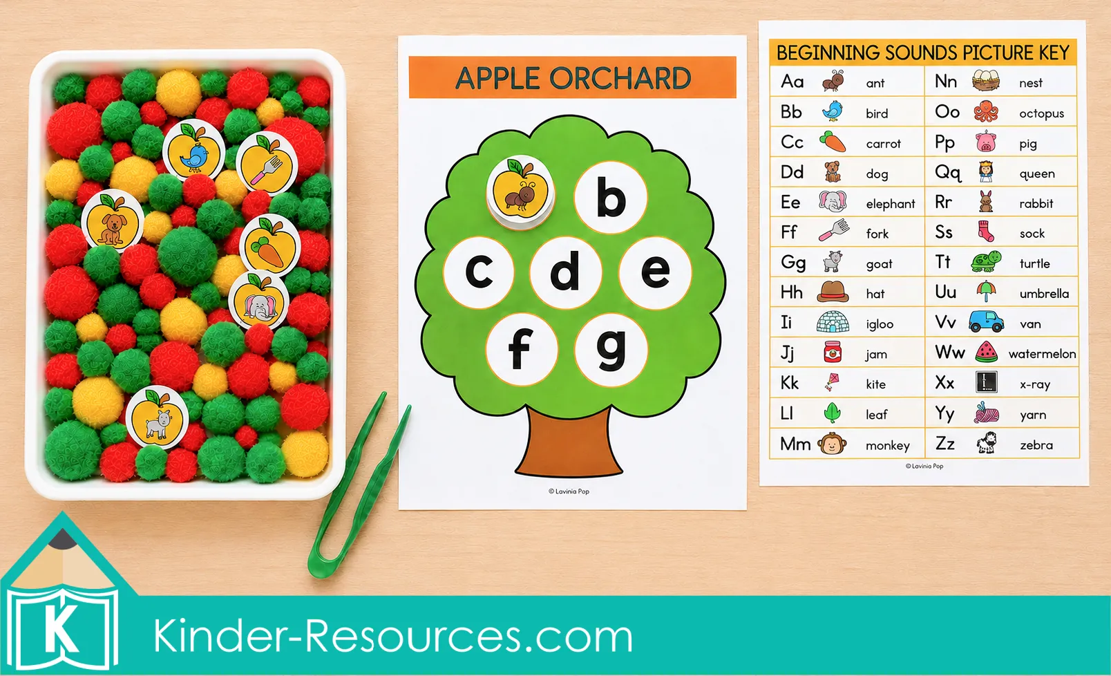 Matching beginning sound picture cards to lowercase letters on an apple orchard mat using a printable alphabet picture key.