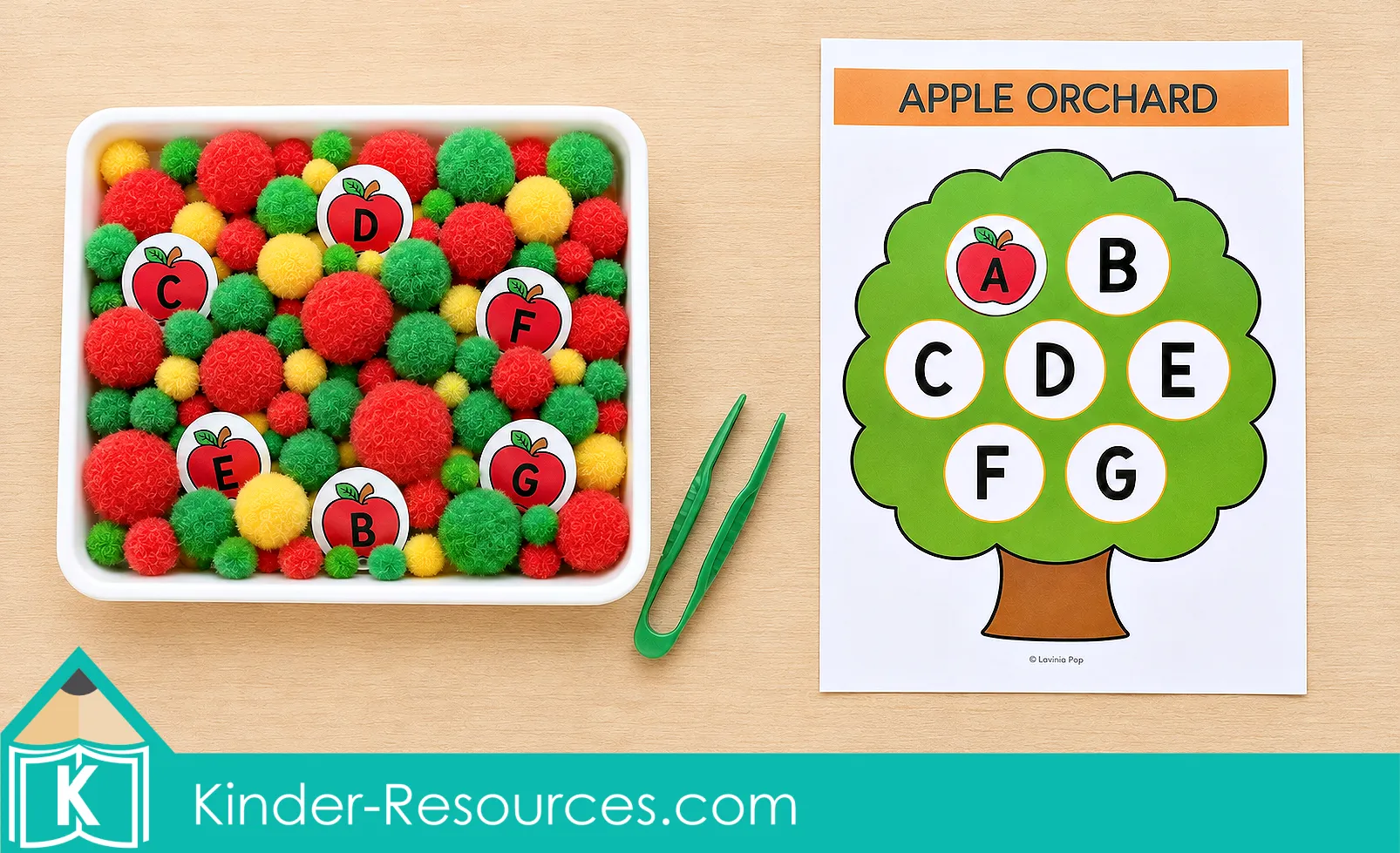 Matching uppercase apple letter cards to the corresponding letters on a printable apple orchard tree mat.