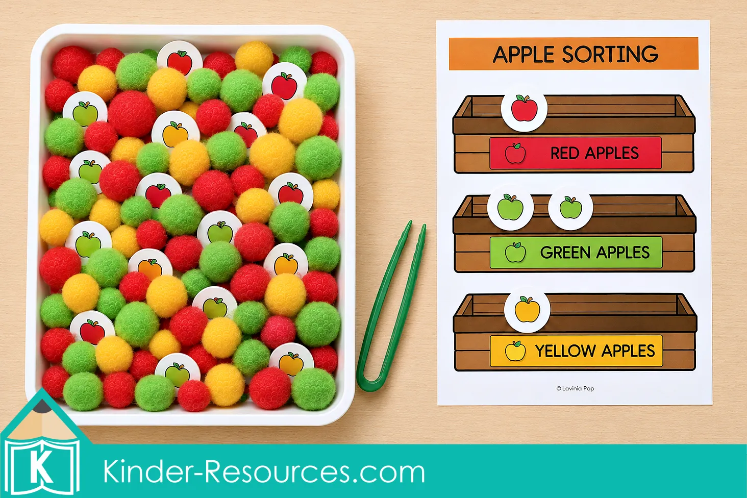 Sorting red, green, and yellow apple cards into matching color crates using a pom pom sensory bin and fine motor tongs.