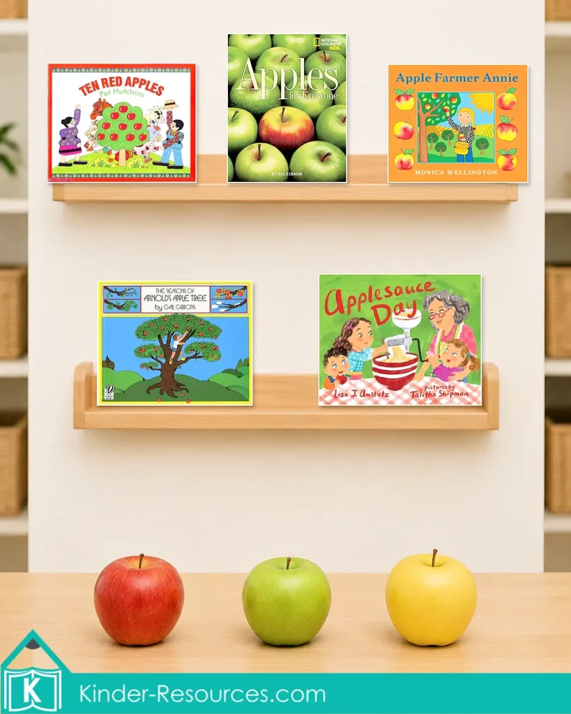 Five apple-themed read-aloud books for preschool and kindergarten displayed with red, green and yellow apples for an apple circle time theme.