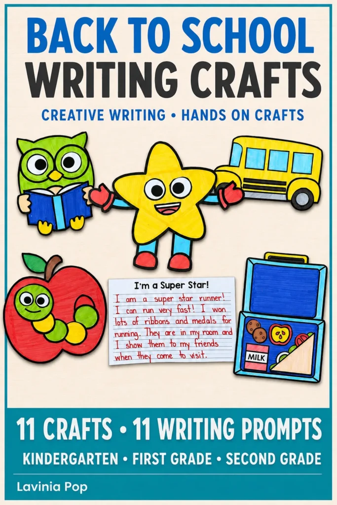 Back to school writing crafts for creative, hands on writing with owl, star, bus, apple, and lunchbox projects.