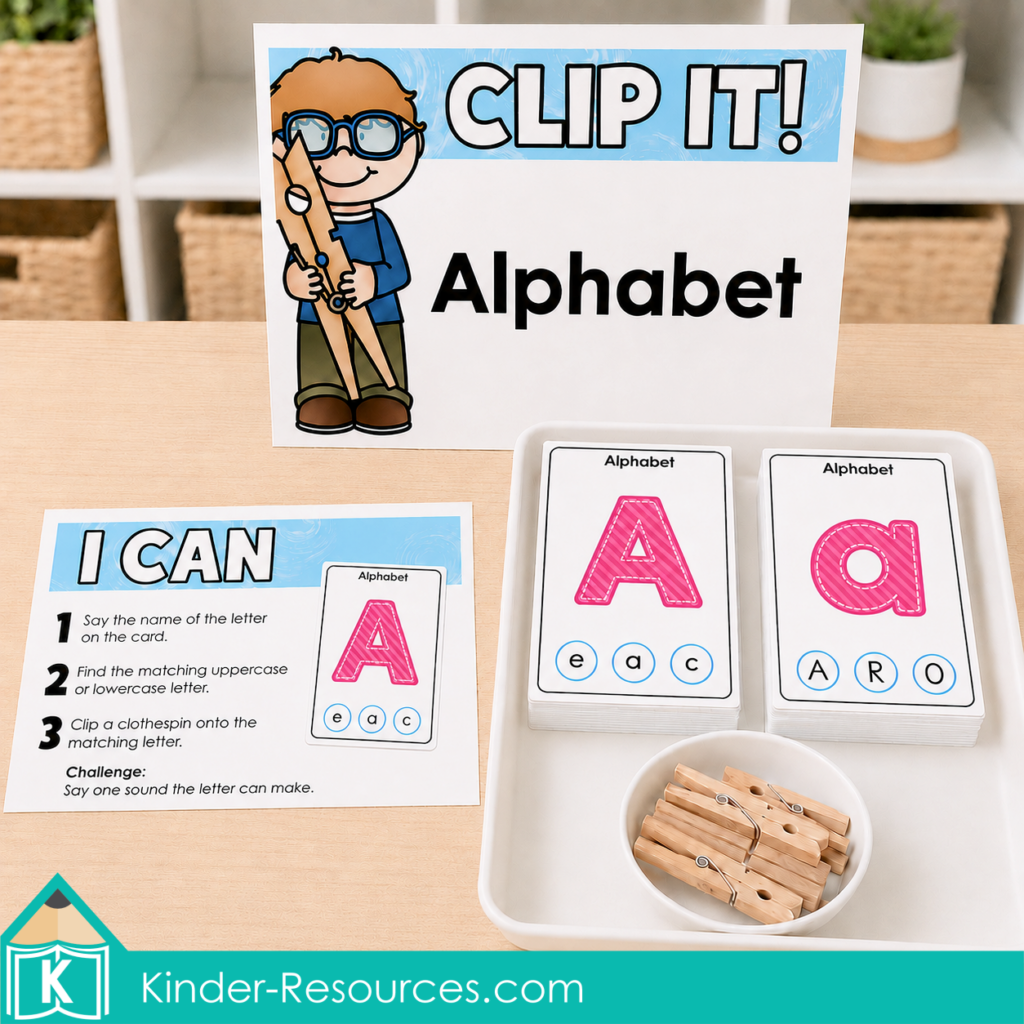 Free alphabet matching clip card literacy center with uppercase and lowercase cards, directions and wooden clothespins.