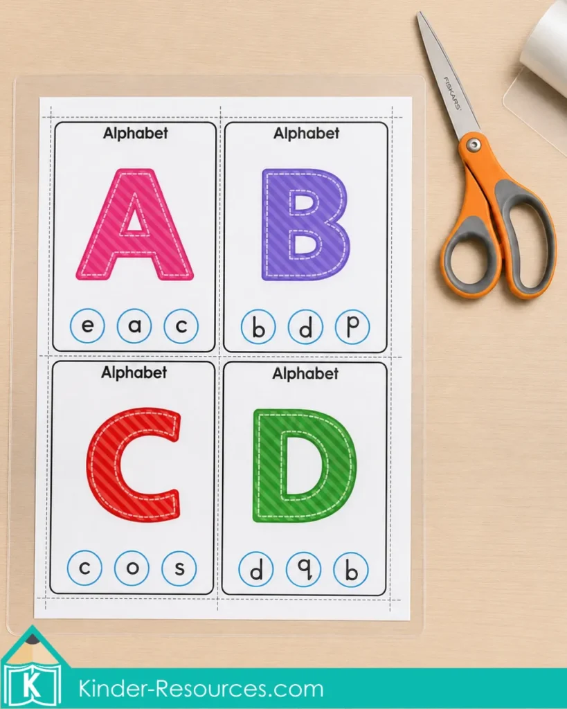 Printable uppercase alphabet clip cards laminated and ready to cut for a preschool or kindergarten literacy center.