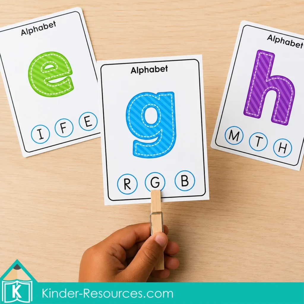 Lowercase g clip card matched to uppercase G with a wooden clothespin during an alphabet recognition activity.