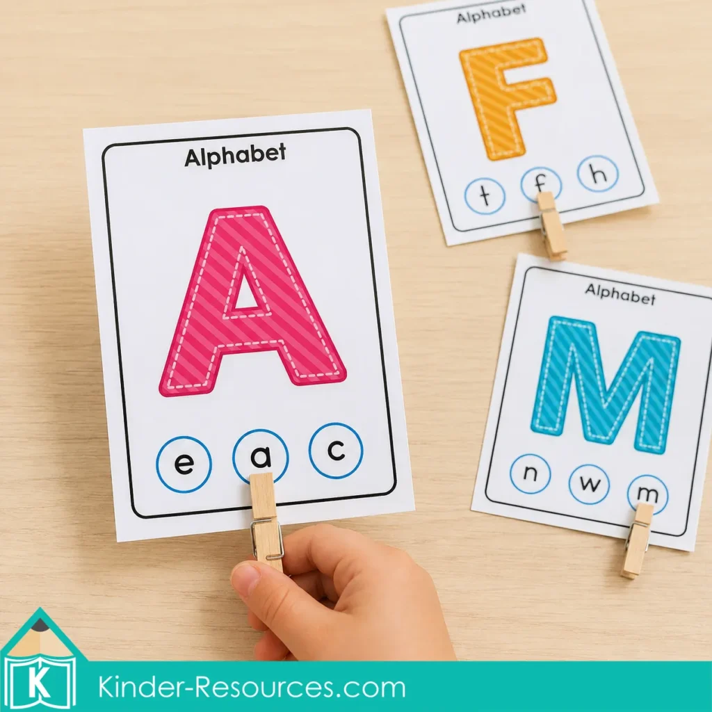 Uppercase A clip card matched to lowercase a with a clothespin during a preschool alphabet matching activity.
