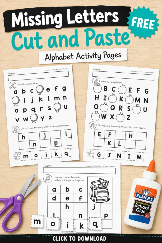 Free missing alphabet letters worksheets with uppercase and lowercase cut and paste alphabet activities for preschool and kindergarten.