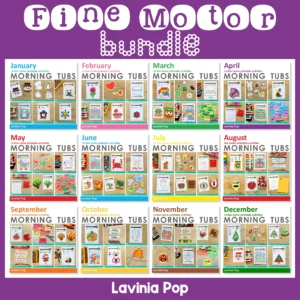 Preschool fine motor activities bundle cover showing 12 monthly morning tubs packets for January through December for Pre-K and kindergarten.