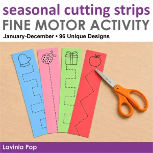 Seasonal cutting strips fine motor activity cover showing colorful cutting strips and child-safe scissors for preschool and kindergarten.