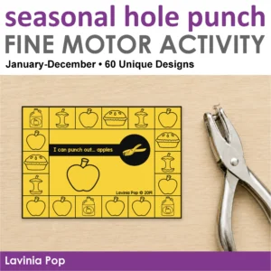 Seasonal hole punch fine motor activity cover featuring an apple picture card, single-hole punch and 60 January-to-December designs.
