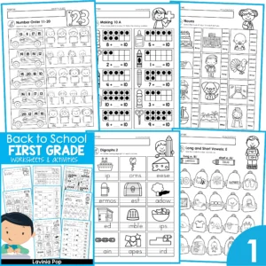 Preview of first grade back to school worksheets covering phonics, grammar, reading, number sense, addition, measurement, shapes, and more.