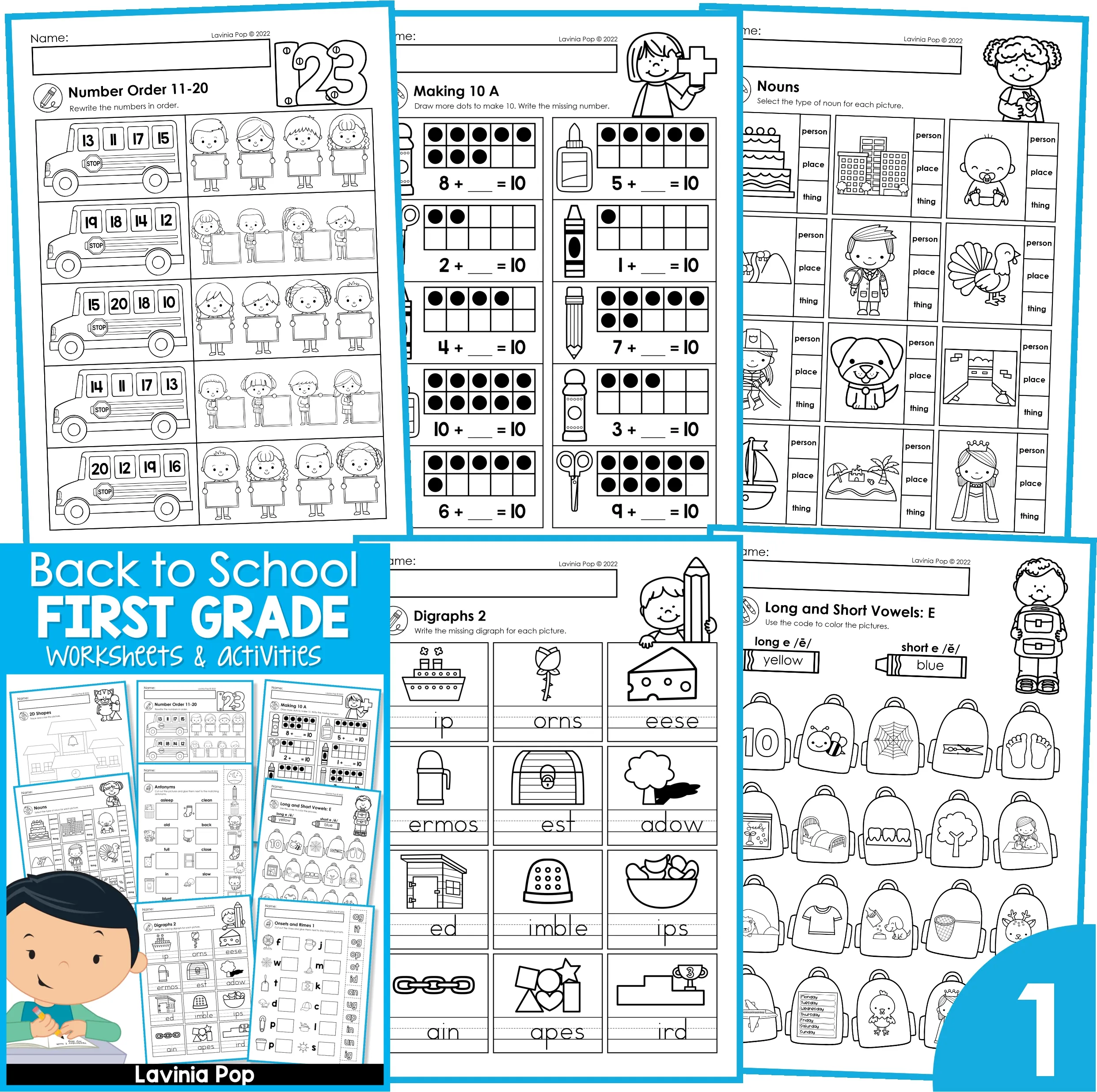 Preview of first grade back to school worksheets covering phonics, grammar, reading, number sense, addition, measurement, shapes, and more.