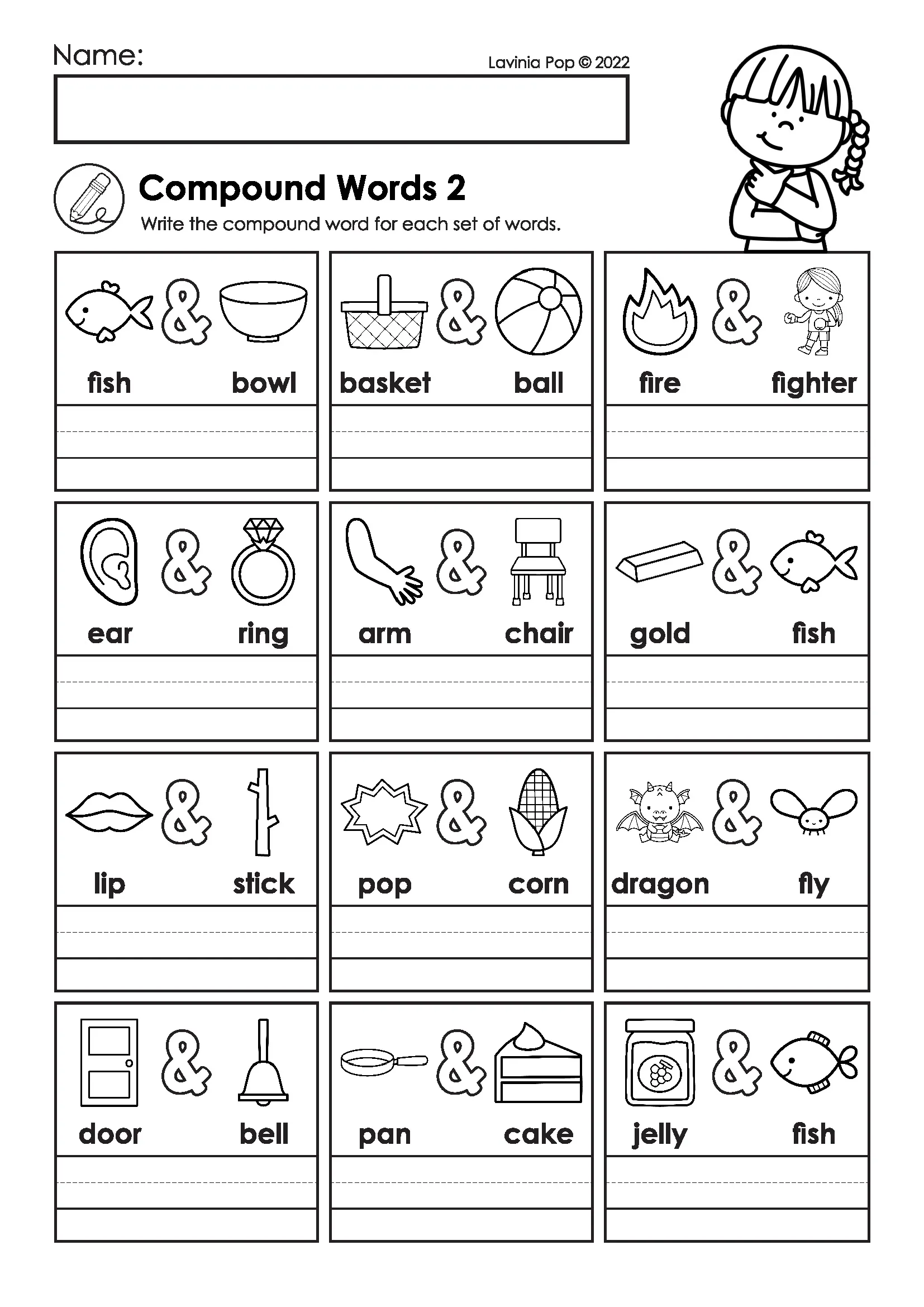 Combining two picture words to write compound words on a first grade literacy worksheet.