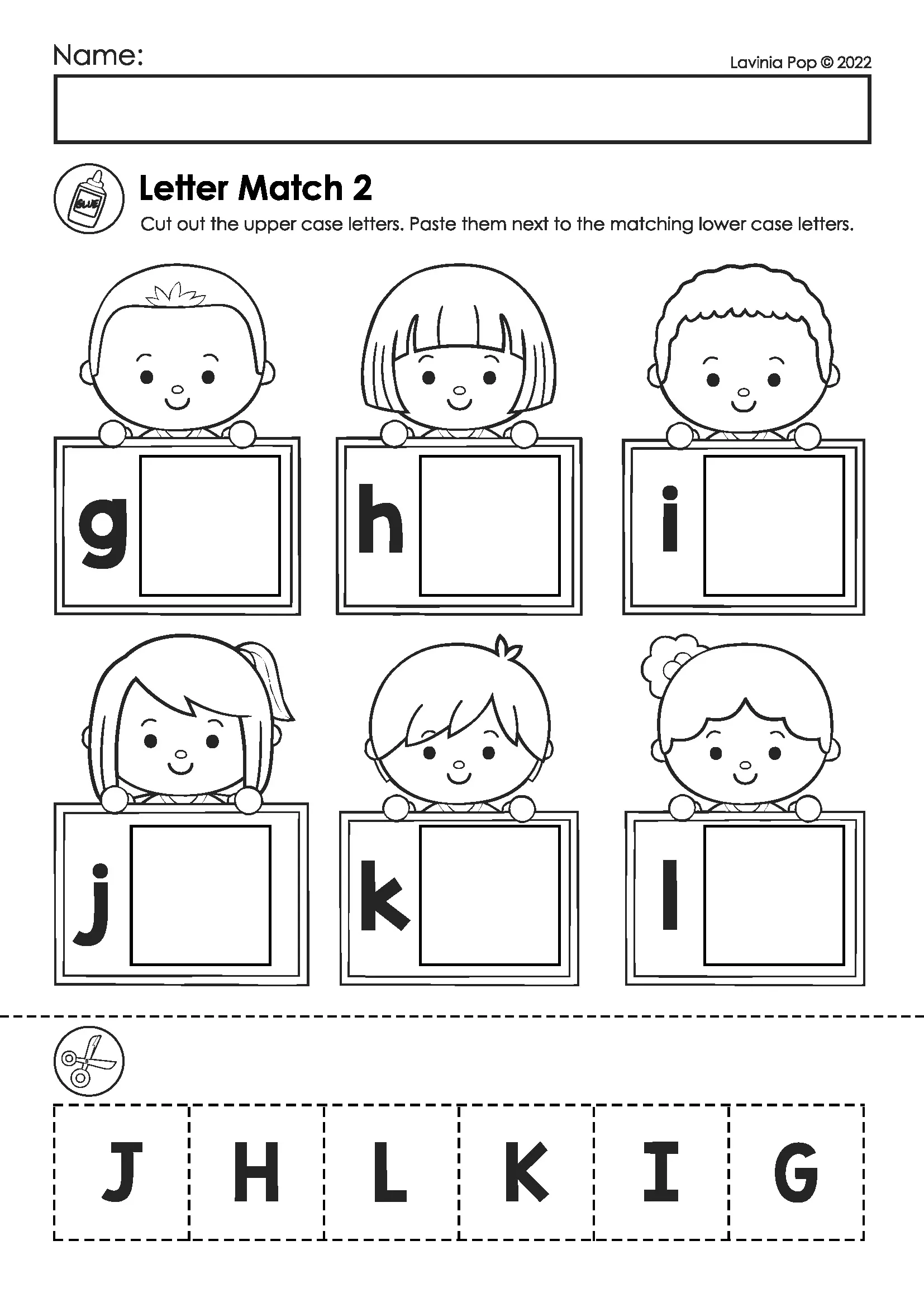 Matching uppercase letters G through L to their lowercase letters using a cut-and-paste alphabet worksheet.