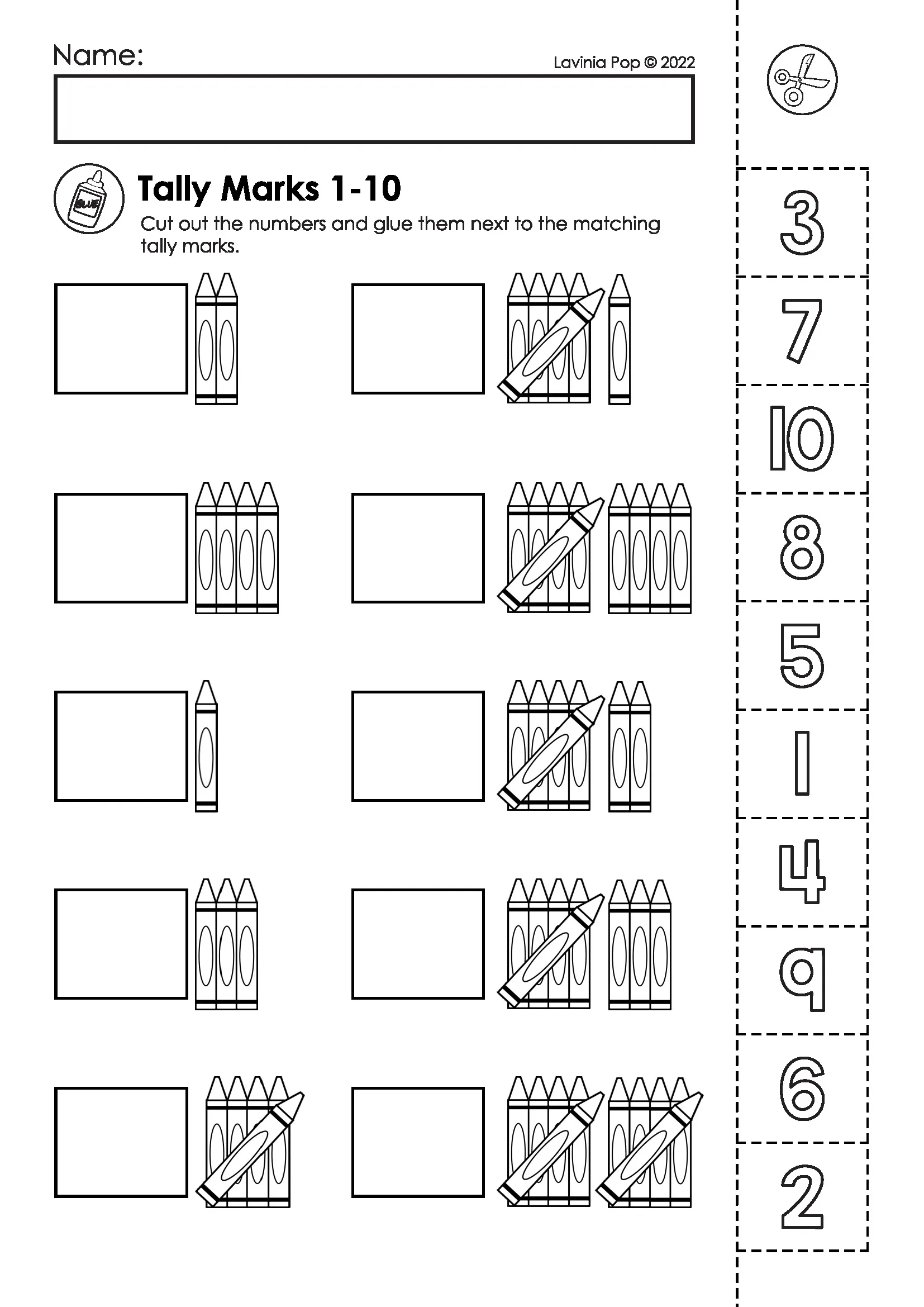 Matching numbers to tally marks using a first grade cut-and-paste math worksheet.