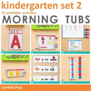 Cover for Kindergarten Morning Tubs Set 2 showing 21 printable alphabet, number, shape, counting, and pattern activities.