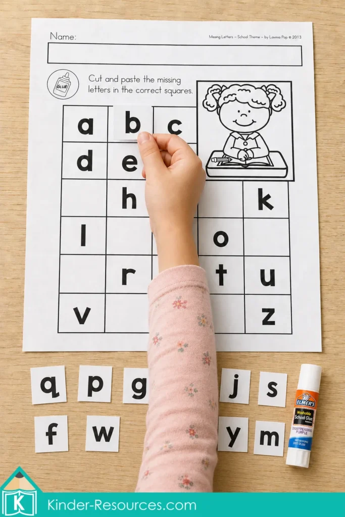 Child matching the lowercase b tile to the missing space between a and c on an alphabet worksheet.