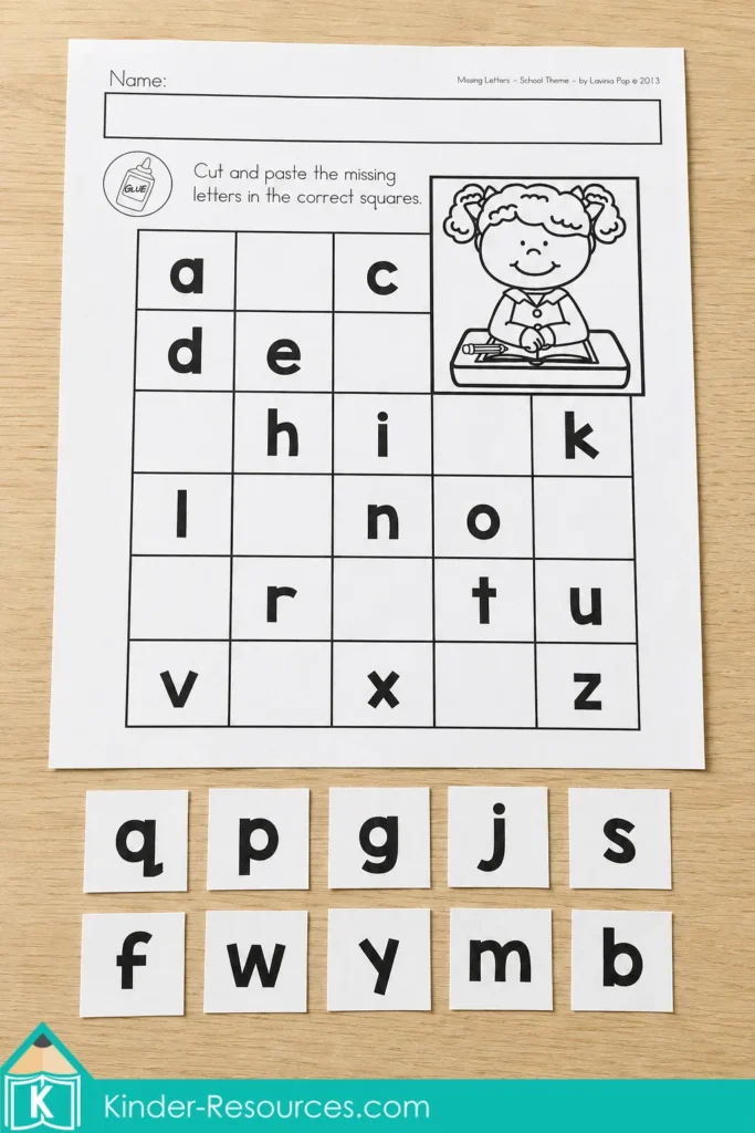 Lowercase alphabet grid with ten loose letter tiles ready for a preschool cut and paste alphabet sequencing activity.