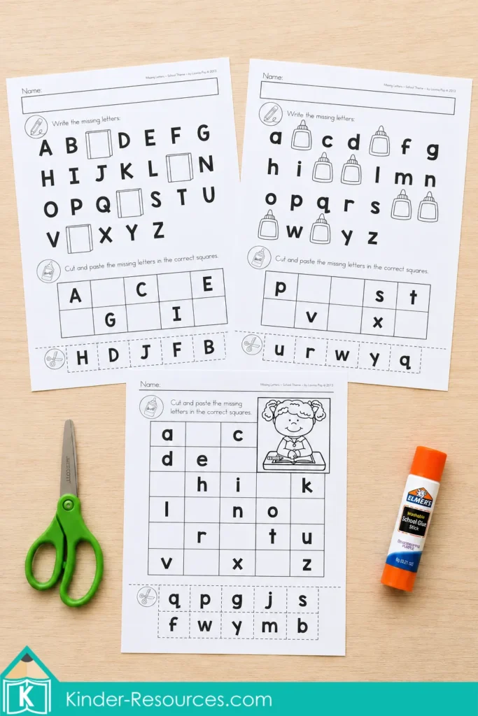 Uppercase and lowercase missing alphabet letters worksheets with school themed cut and paste activities for preschool and kindergarten.