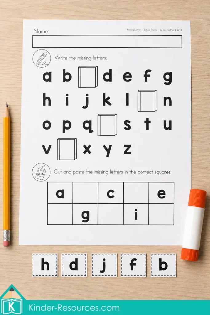 Lowercase missing alphabet letters worksheet with five cut and paste letter tiles for practising alphabet order in kindergarten.