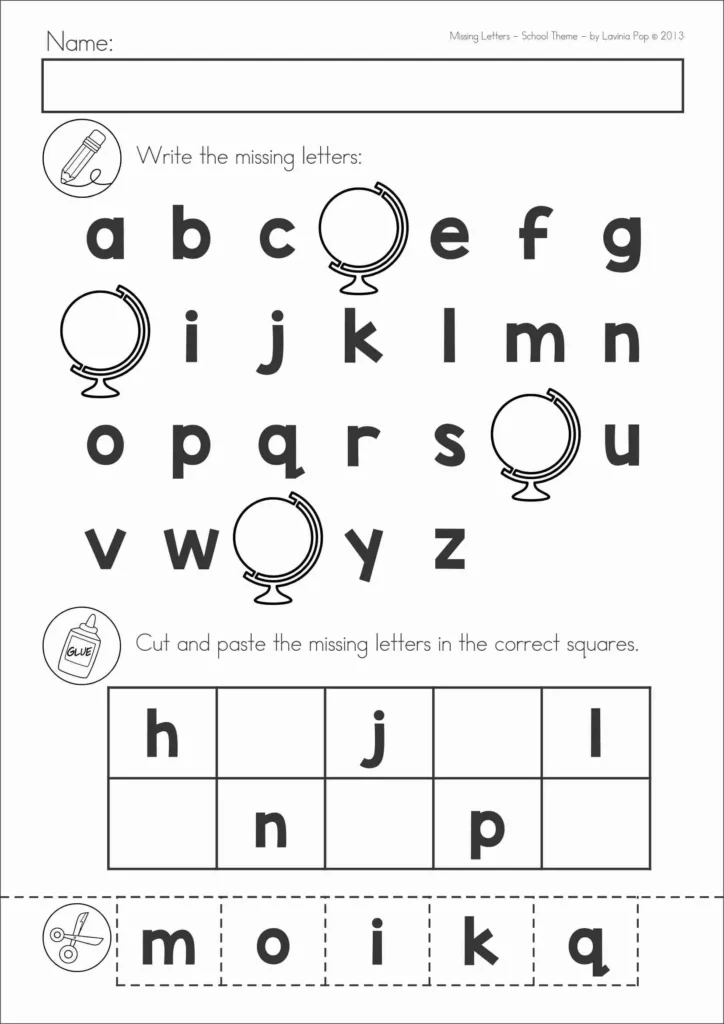 Lowercase alphabet order worksheet with missing letter picture clues, writing practice and cut and paste letter tiles for preschool and kindergarten.