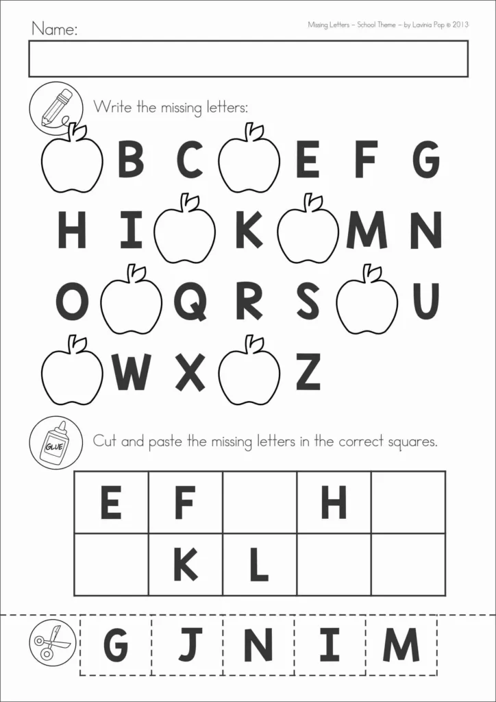 Uppercase missing alphabet letters worksheet with apple picture clues and cut and paste letter tiles for kindergarten letter sequencing practice.