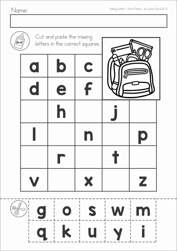 Lowercase missing alphabet letters worksheet with a school backpack picture and cut and paste letter tiles for kindergarten alphabet sequencing practice.