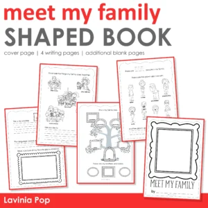 My Family shaped writing book with a family portrait cover, family tree, home, family members, and activity pages.