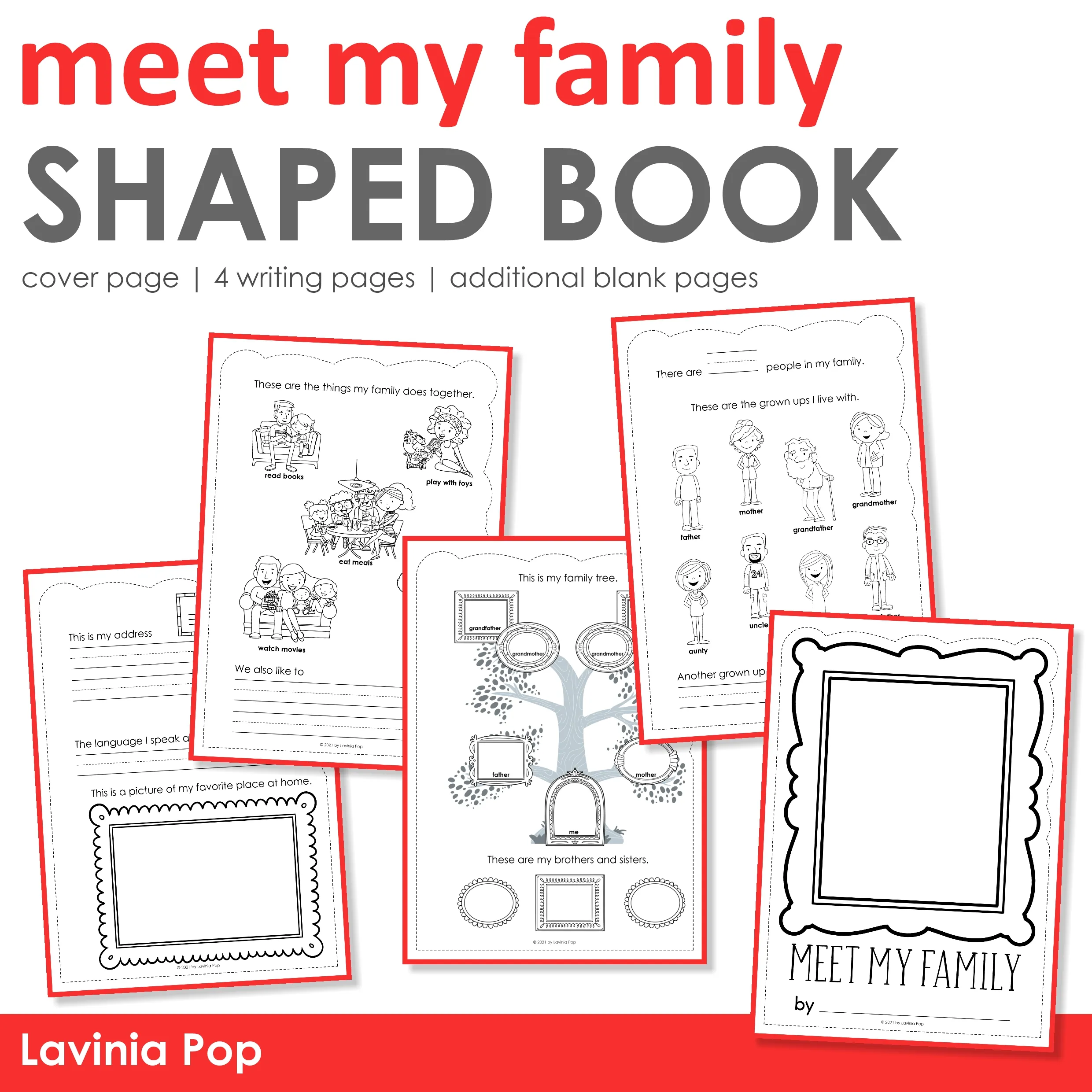 My Family shaped writing book with a family portrait cover, family tree, home, family members, and activity pages.