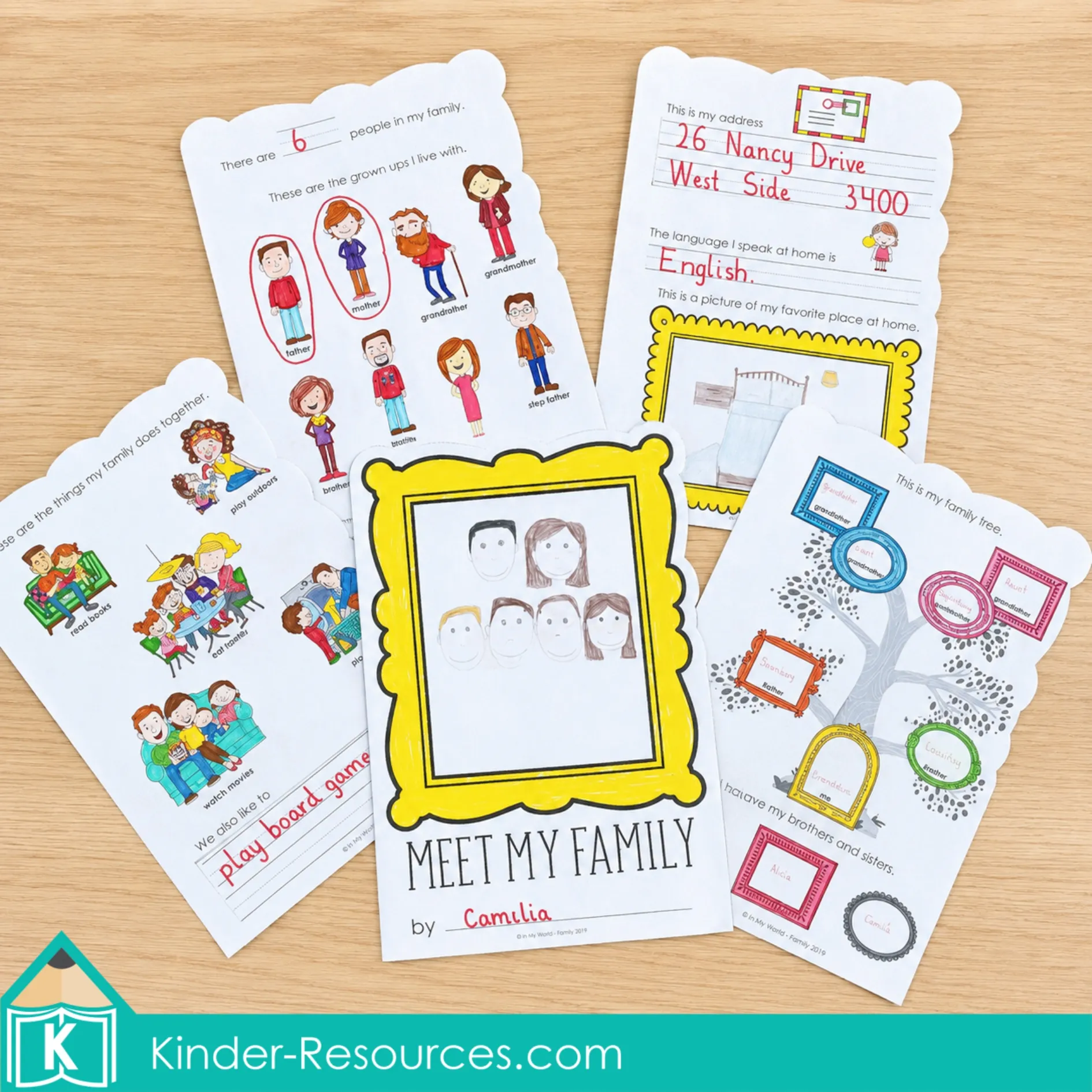Viewing a completed My Family Book with shaped pages about family members, a family tree, home details, and activities enjoyed together.