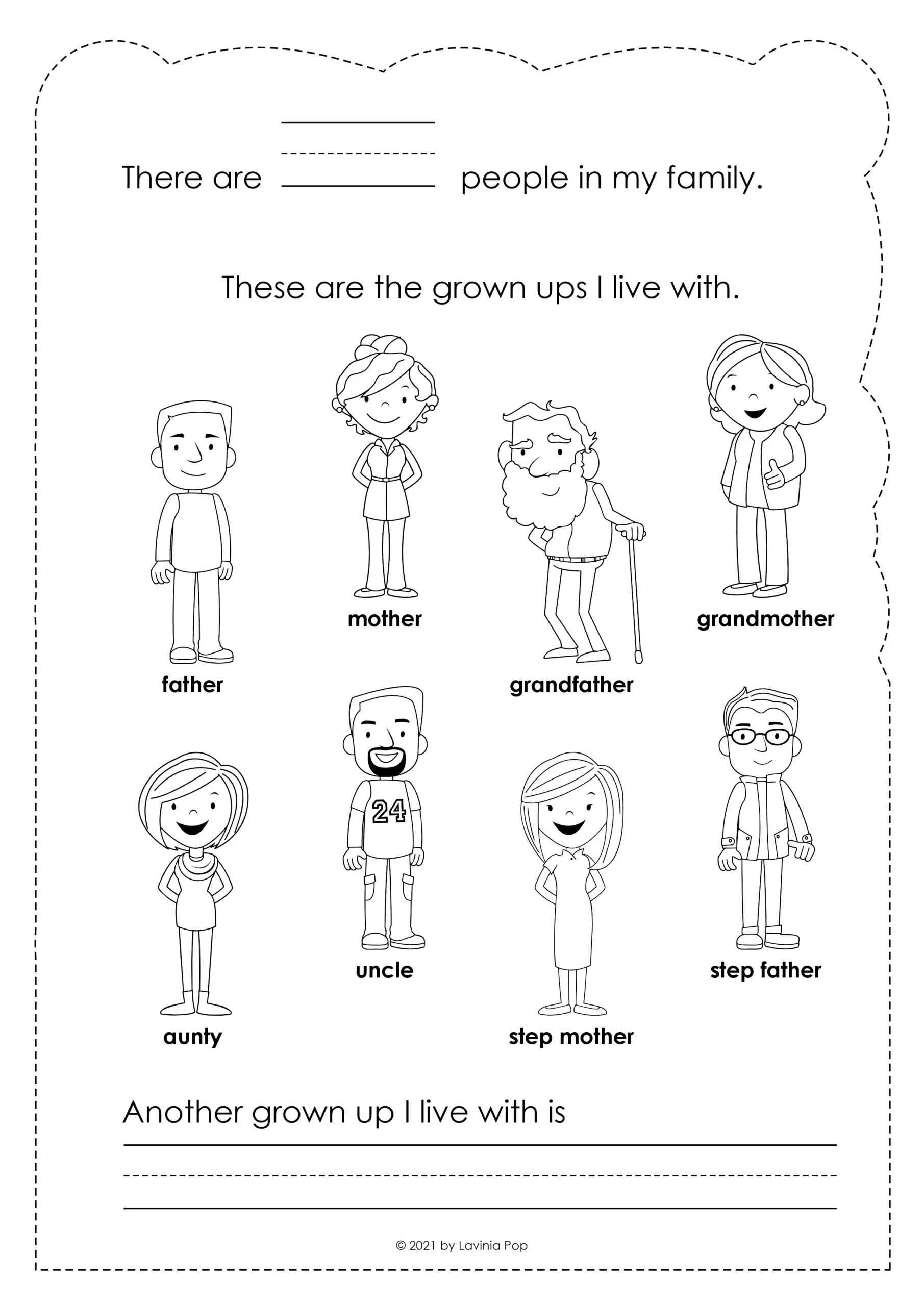 Identifying family members and recording the number of people in a family on a My Family Book writing page.