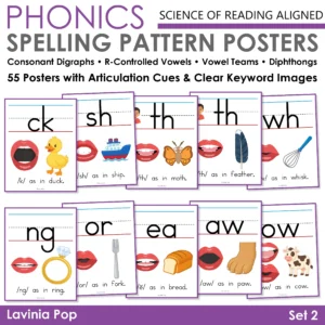 55 phonics spelling pattern posters with mouth cues and keyword images to teach consonant digraphs, R-controlled vowels, vowel teams and diphthongs.