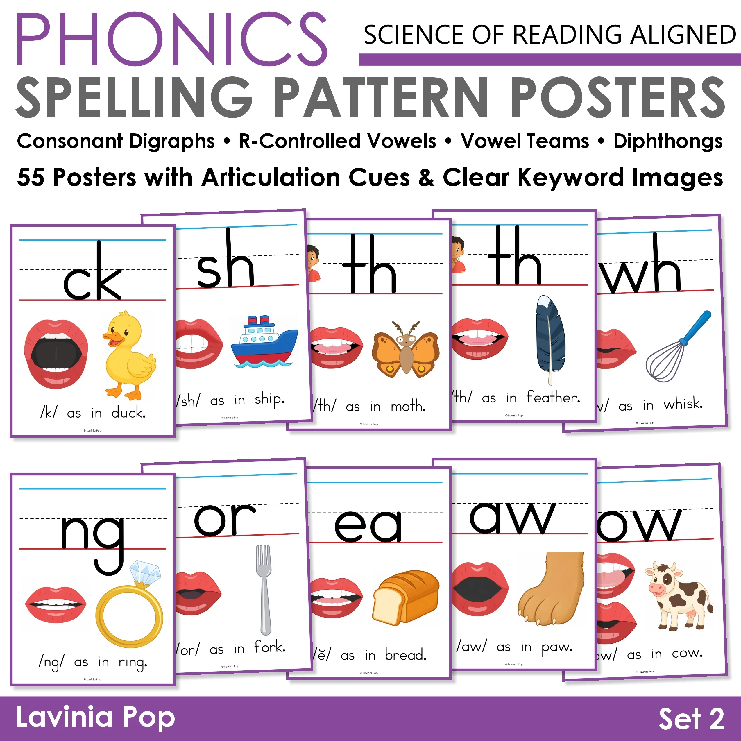 55 phonics spelling pattern posters with mouth cues and keyword images to teach consonant digraphs, R-controlled vowels, vowel teams and diphthongs.