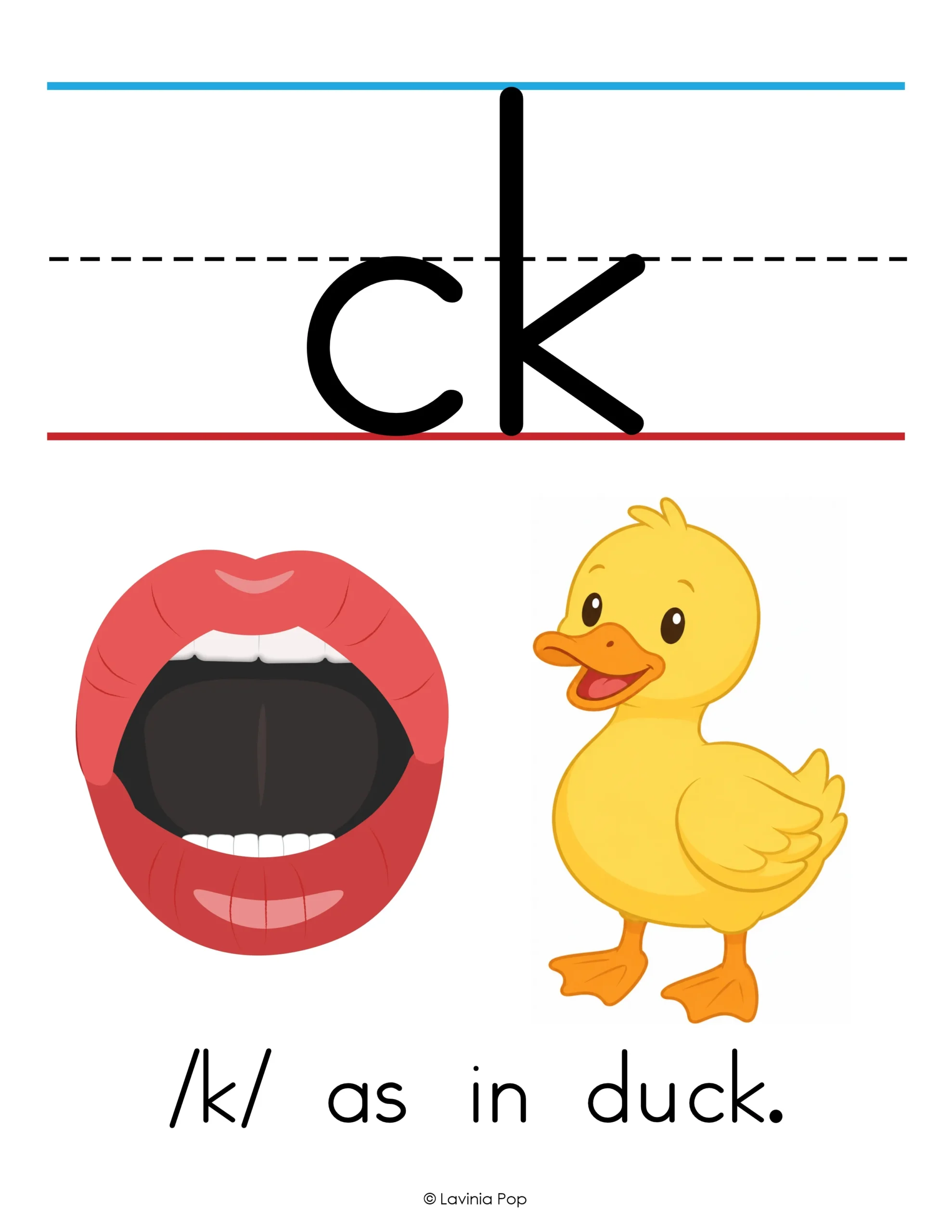 ck phonics poster with a front-facing mouth cue and duck keyword image to teach the /k/ sound in duck.