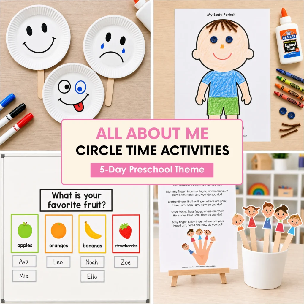 All About Me preschool circle time activities featuring emotion puppets, a body portrait, a favorite fruit graph and family song props.