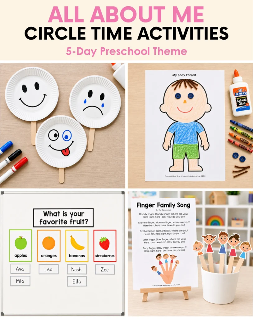 All About Me preschool circle time activities featuring emotion puppets, a body portrait, a favorite fruit graph and family song props.