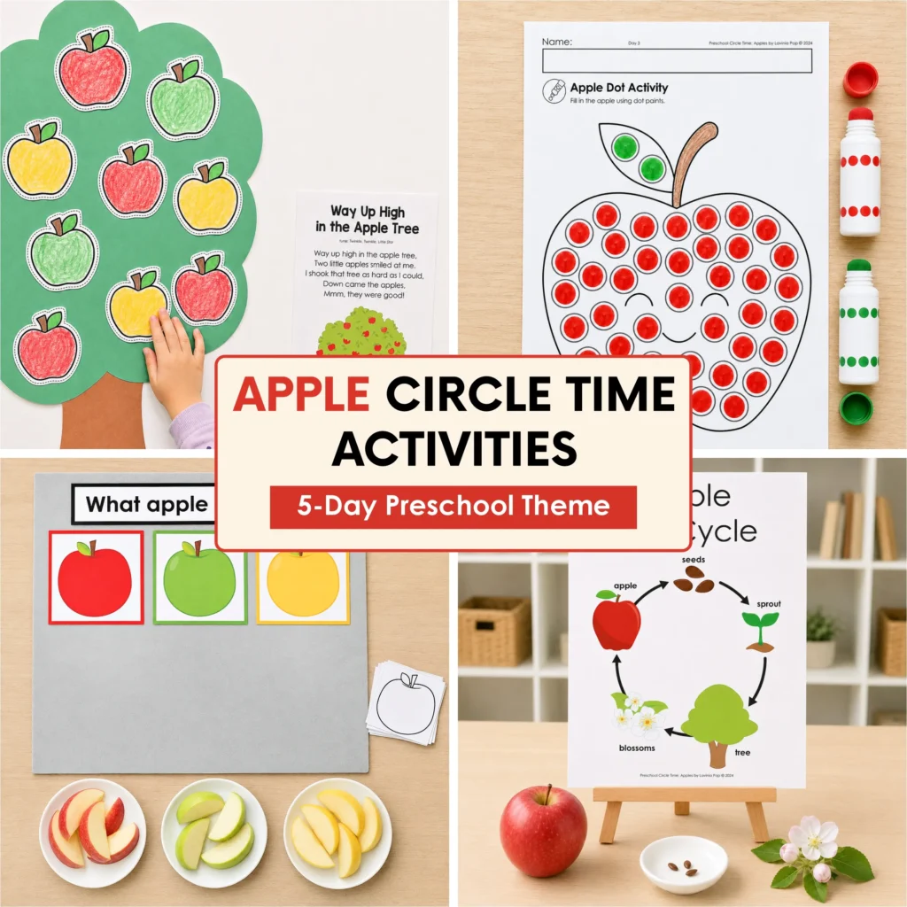 Apple circle time activities for preschool featuring an apple tree craft, dot marker worksheet, apple taste-test graph and apple life cycle poster for a 5-day theme.