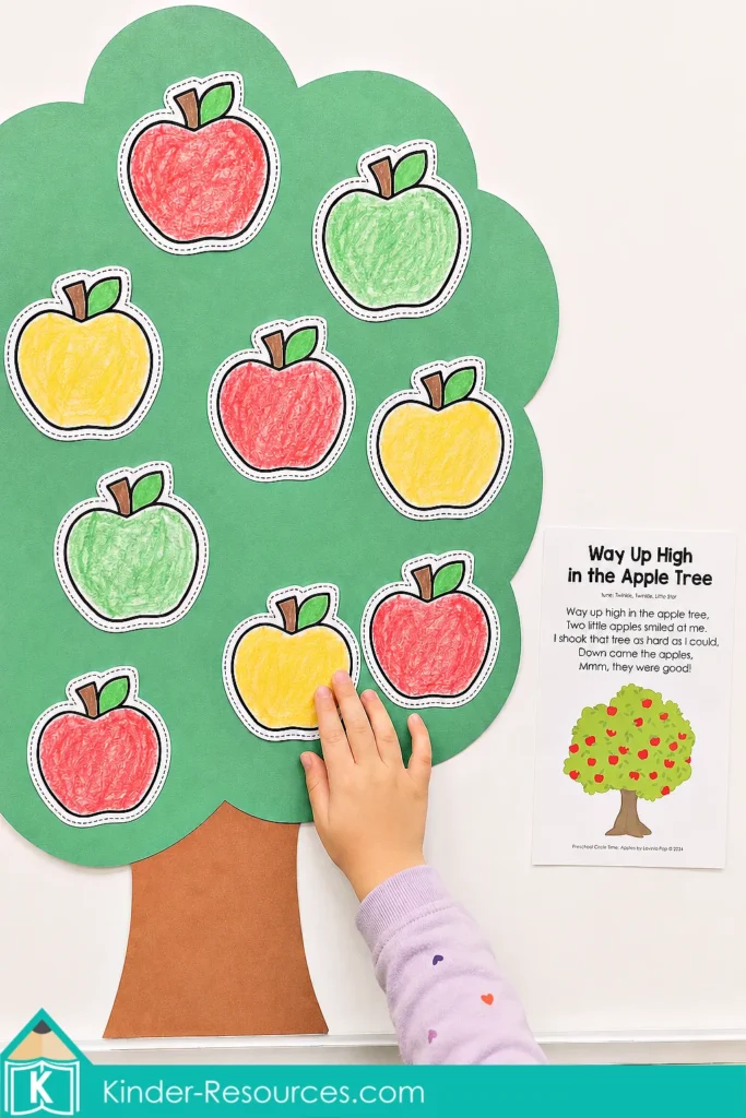 Preschool and Kindergarten Children color red, green and yellow apple cutouts and place them on a paper tree for a preschool apple theme craft.
